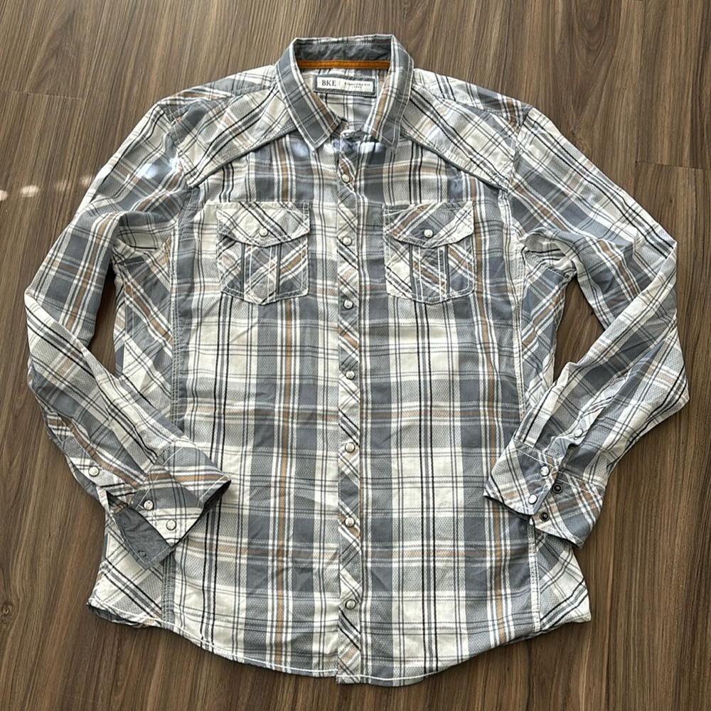 BKE Shirt Mens Size Large Plaid Button Up Black Gray Blue Long Roll Up Sleeve